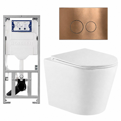 QeramiQ Dely Ensemble WC - 36.3x51.7cm - cuvette profonde - sans bride - réservoir encastré Geberit UP320 - avec cadre Burda - abattant de WC softclose - plaque de commande cuivrée - boutons ronds - blanc mat