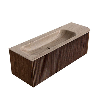 MONDIAZ KURVE-DLUX 135cm badmeubel ronding Rechts kleur Walnut met 1 lade en 1 deur. Wastafel BIG MEDIUM Links zonder kraangat Saba.