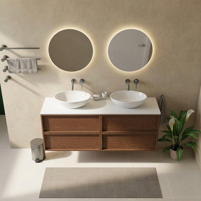 Saniclass Holz Frame Ensemble meuble de salle de bains - 160x45x62.5cm - Plan de toilette Torino en solid surface blanc - sans trou de robinet - 4 tiroirs - walnut pure mat (bois)
