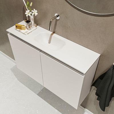 MONDIAZ TURE Toiletmeubel 80x23x50cm met 0 kraangaten 2 deuren linen mat Wastafel Eden midden Solid Surface Wit