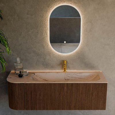 MONDIAZ KURVE-DLUX Meuble de salle de bains 135cm arrondi à gauche couleur Walnut avec 1 tiroir et 1 porte. Lavabo BIG MEDIUM à droite 1 trou de robinet Arena.