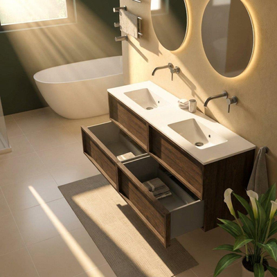 Saniclass Holz Frame Ensemble meuble de salle de bains - 160x45x62cm - lavabo Vygo en céramique blanc - 2 vasques - sans trous de robinetterie - 4 tiroirs - chêne charcoal mat (bois)