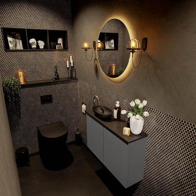 Mondiaz Fowy Toiletmeubel - 80x50x23cm - dark grey mat - 1 kraangat - wasbak links - 2 deuren - solid surface - blad MDF - wasbak: zwart