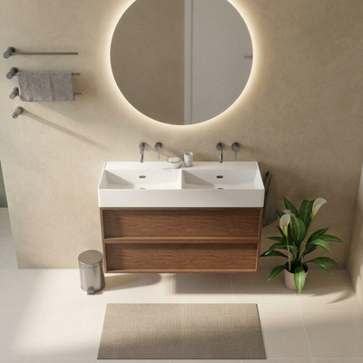 Saniclass Holz Frame Ensemble de meubles de salle de bains - 120x45x72cm - Legend lavabo en céramique blanc mat - 2 vasques - 2 trous de robinet - 2 tiroirs - noyer pure mat (bois)