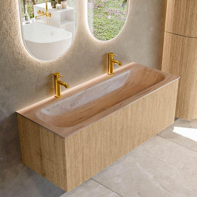 MONDIAZ KURVE-DLUX 120cm badmeubel kleur Oak met 1 lade en 0 deuren. Wastafel BIG LARGE Midden 2 kraangaten Saba.