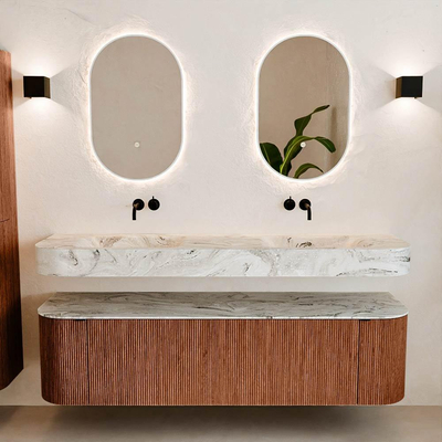 MONDIAZ THOR-DLUX 170cm meuble de salle de bains arrondi gauche + droite couleur Ruby avec 1 tiroir et 2 portes. Vasque suspendue CLOUD Double sans trou de robinet couleur Glace.