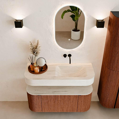 MONDIAZ THOR-DLUX Meuble de salle de bains 110cm arrondi gauche + droite couleur Ruby avec 1 tiroir et 2 portes. Vasque suspendue CLOUD Droite sans trou de robinet couleur Meli.