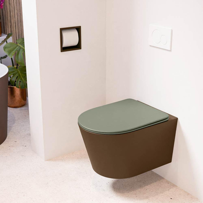Mondiaz LAVIE hangtoilet – spoelrandloos – 36 x 53 cm – met softclose zitting – Rust (bruin), zitting Army (groen)