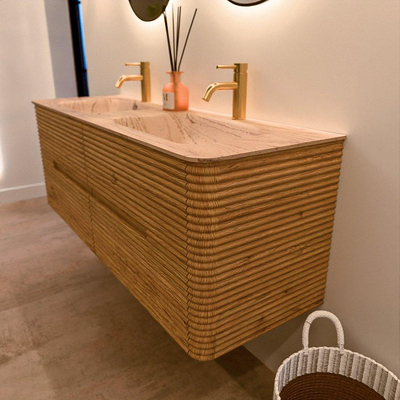 Mondiaz CIRO-DLUX Ensemble de meubles de salle de bains - 140x45x50cm - Plan vasque Solid surface Arena - 2 vasques Double - 2 trous de robinet - 4 tiroirs - Chêne