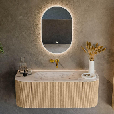 MONDIAZ KURVE-DLUX 120cm badmeubel ronding Links + Rechts kleur Oak met 1 lade en 2 deuren. Wastafel BIG SMALL Midden zonder kraangat Nata.