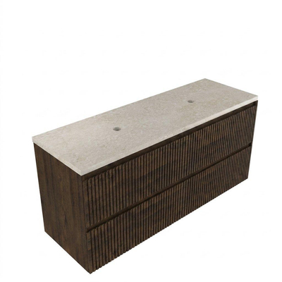 Saniclass Holz Atelier Ensemble de meubles de salle de bains - 140x45x63cm - Plan de travail en pierre naturelle travertin - sans trou de robinet - 4 tiroirs - chêne charcoal mat (bois)