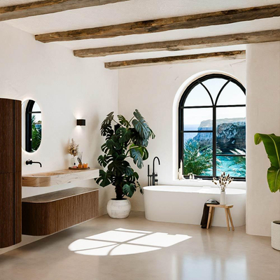 MONDIAZ THOR-DLUX 150cm meuble de salle de bains arrondi gauche + droite couleur Walnut avec 1 tiroir et 2 portes. Vasque suspendue CLOUD Gauche sans trou de robinet couleur Arena.