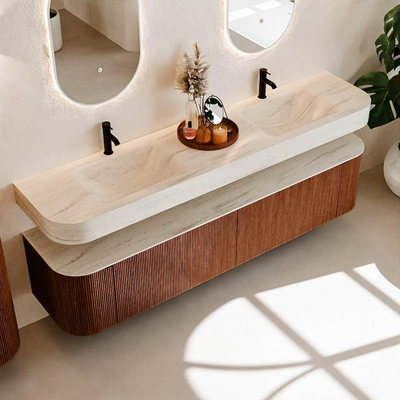 MONDIAZ THOR-DLUX 200cm meuble de salle de bains arrondi gauche + droite couleur Ruby avec 2 tiroirs et 2 portes. Vasque suspendue CLOUD Double 2 trous de robinet couleur Meli.