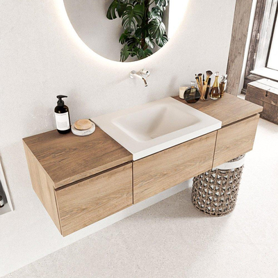 MONDIAZ BUKLA 140cm badmeubel met module 40 kleur Washed Oak met 3 lades. Wastafel CLOUD midden 0 kraangaten kleur Talc.