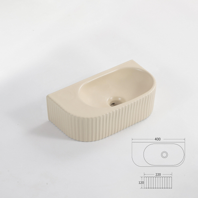 QeramiQ Blend Lave-Mains - 40x22x12 cm - Strié - demi-lune - sans trou de robinet - Céramique - Beige mat