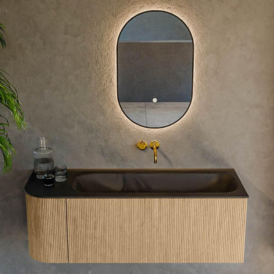 MONDIAZ KURVE 125cm Meuble salle de bain avec module 25 G - couleur Oak - 1 tiroir - 1 porte - vasque BIG MEDIUM droite - sans trous de robinet - Urban