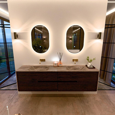 Mondiaz CIRO-DLUX Badkamermeubelset - 190x45x50cm - Solid surface wastafel Oza - 2 wasbak Dubbel - zonder kraangaten - 4 lades - Walnut