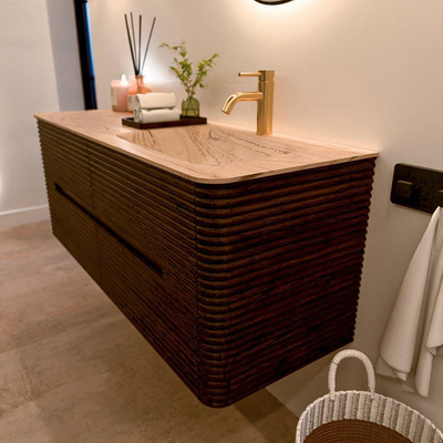 Mondiaz CIRO-DLUX Badkamermeubelset - 130x45x50cm - Solid surface wastafel Arena - 1 wasbak Rechts - 1 kraangat - 4 lades - Walnut