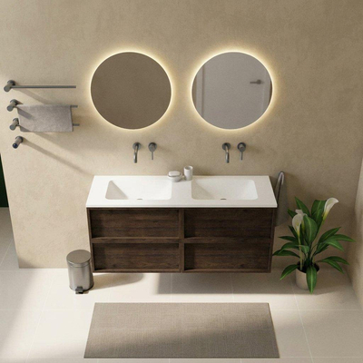 Saniclass Holz Frame Ensemble de meubles de salle de bains - 140x45x77.5cm - lavabo Torino en solid surface blanc - sans trou de robinet - 4 tiroirs - chêne charcoal mat (bois)