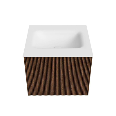 MONDIAZ KURVE Meuble de salle de bains 50 cm couleur Walnut avec 1 tiroir. Lavabo GRUNNE central 1 trou de robinet Talc.