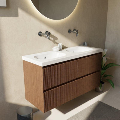 Saniclass Holz Atelier Ensemble de meubles de salle de bains - 120x45x63.5cm - lavabo Palermo en céramique blanc - 2 vasques - sans trous de robinet - 2 tiroirs - mat walnut pure (bois)