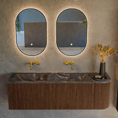 MONDIAZ KURVE-DLUX 145cm badmeubel met module 25 R kleur Walnut met 1 lade en 1 deur. Wastafel LEAF dubbel / links zonder kraangat kleur Lava.