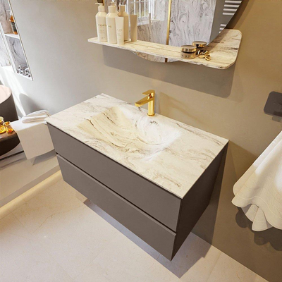 Mondiaz VICA-DLUX Ensemble de meuble de salle de bain - 90cm - meuble sous-vasque fumée - 2 tiroirs - lavabo encastré nuage milieu - 1 trou de robinet - version haute 60cm - glace