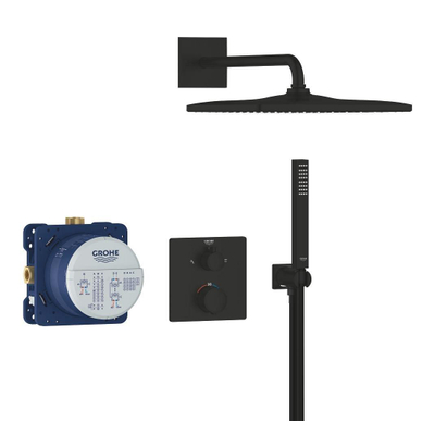 Grohe Precision Thermostat Perfect Doucheset - hoofddouche vierkant - staafhanddouche - inclusief wandaansluitbocht - matte black (mat zwart)