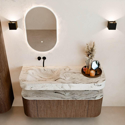 MONDIAZ THOR-DLUX 130cm badmeubel ronding links + rechts kleur Walnut met 1 lade en 2 deuren. Vrijhangende wastafel CLOUD Links zonder kraangat kleur Glace.