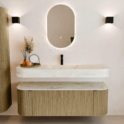 MONDIAZ THOR-DLUX 140cm meuble de salle de bains arrondi gauche + droite couleur Dusk avec 1 tiroir et 2 portes. Vasque suspendue CLOUD Milieu 1 trou de robinet couleur Ostra.