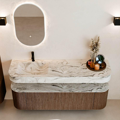 MONDIAZ THOR-DLUX 160cm meuble de salle de bains arrondi gauche + droite couleur Walnut avec 1 tiroir et 2 portes. Vasque suspendue CLOUD Gauche 1 trou de robinet couleur Glace.