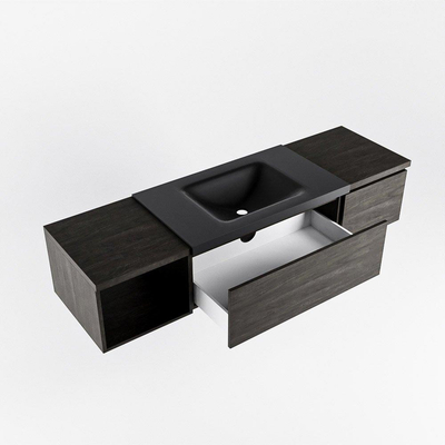 MONDIAZ BUKLA 160cm ensemble de meuble avec module ouvert 40 gauche couleur Marron Foncé avec 2 tiroirs. Lavabo CLOUD centre 0 trous de robinet couleur Urban.