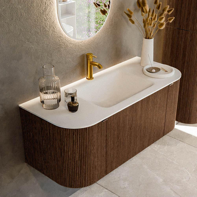 MONDIAZ KURVE 110cm badmeubel met module 25 Len R kleur Walnut met 1 lade en 2 deuren. Wastafel CLOUD midden 1 kraangat Talc.