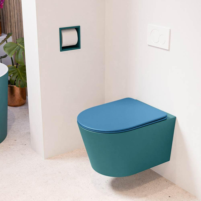 Mondiaz LAVIE hangtoilet – spoelrandloos – 36 x 53 cm – met softclose zitting – Smag (groen), zitting Jeans (blauw)