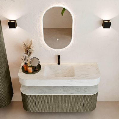 MONDIAZ THOR-DLUX 130cm meuble de salle de bains arrondi gauche + droite couleur Shadow avec 1 tiroir et 2 portes. Vasque suspendue CLOUD Milieu 1 trou de robinet couleur Opalo.