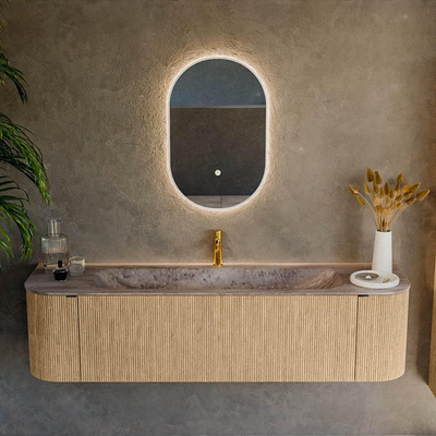 MONDIAZ KURVE-DLUX Meuble de salle de bains 170cm arrondi Gauche + Droite couleur Chêne avec 1 tiroir et 2 portes. Lavabo BIG LARGE Central 1 trou de robinet Oza.