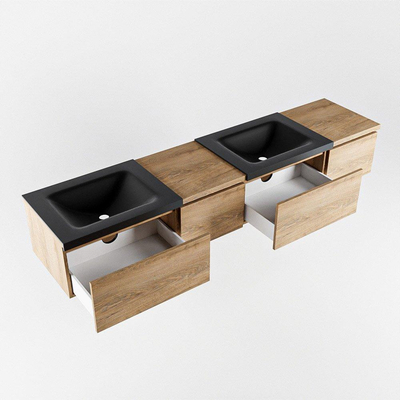 MONDIAZ BUKLA 200cm ensemble de meuble avec module 40 gauche couleur Chêne blanchi avec 4 tiroirs. Lavabo CLOUD double 2 trous de robinet couleur Urbain.