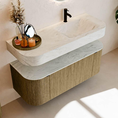 MONDIAZ THOR-DLUX 120cm meuble de salle de bains arrondi gauche + droite couleur Dusk avec 1 tiroir et 2 portes. Vasque suspendue CLOUD Droite 1 trou de robinet couleur Opalo.