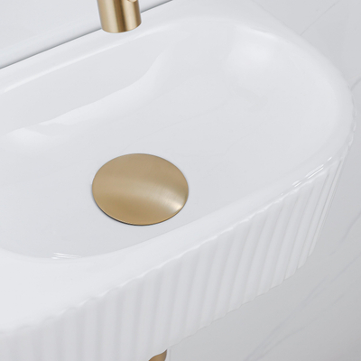 QeramiQ Fuente Ensemble de Lavabo - 40x21.5x12cm - strié - demi-rond - céramique - ensemble de robinet en laiton brossé - bouchon de vidange - siphon réduit - blanc brillant