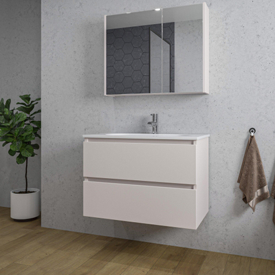 Saniclass Chaci Meuble de salle de bain - 80x46x55cm - lavabo en céramique blanc - 1 vasque ovale - 1 trou de robinet - 2 tiroirs - armoire miroir - mat cotton (beige)