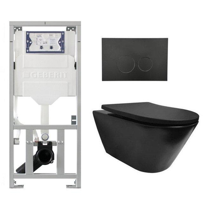 Wiesbaden Stereo toiletset rimless inclusief UP320 toiletreservoir met softclose zitting met bedieningsplaat mat zwart