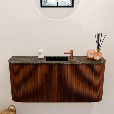Mondiaz JOYA-DLUX 93.2cm toiletmeubel - ronding links en rechts kleur Ruby - Wastafel FAYE positie Midden 1 kraangat kleur Lava.