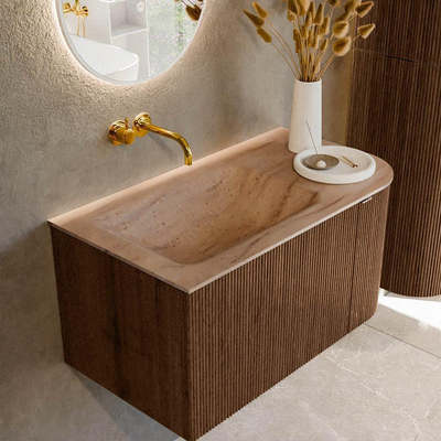MONDIAZ KURVE-DLUX 85cm badmeubel ronding Rechts kleur Walnut met 1 lade en 1 deur. Wastafel CLOUD Links zonder kraangat Saba.