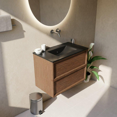 Saniclass Holz Frame Ensemble meuble de salle de bains - 80x45x62cm - lavabo Vygo en céramique noir - 1 vasque - sans trou de robinet - 2 tiroirs - walnut pure mat (bois)