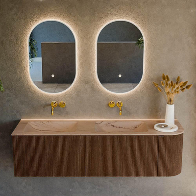 MONDIAZ KURVE-DLUX Meuble de salle de bains 155cm arrondi à droite couleur Walnut avec 2 tiroirs et 1 porte. Lavabo LEAF Double / Gauche sans trou de robinet Arena.