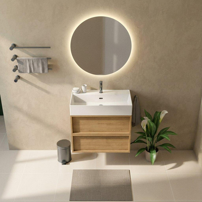 Saniclass Holz Frame Ensemble de meubles de salle de bains - 80x45x72cm - Legend lavabo en céramique blanc mat - 1 vasque - 1 trou de robinetterie - 2 tiroirs - chêne naturel mat (bois)