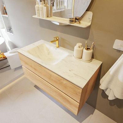 Mondiaz VICA-DLUX ensemble de meuble de salle de bain - 100cm - meuble sous-vasque chêne blanchi - 2 tiroirs - lavabo encastré cloud gauche - 1 trou de robinet - version haute de 60cm - opalo