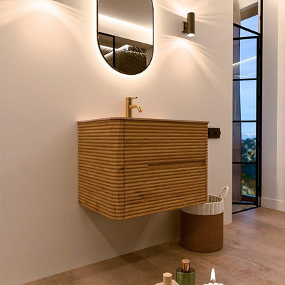 Mondiaz CIRO-DLUX Badkamermeubelset - 70x45x50cm - Solid surface wastafel Saba - 1 wasbak Midden - 1 kraangat - 2 lades - Oak