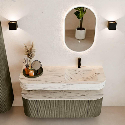 MONDIAZ THOR-DLUX 130cm meuble de salle de bains arrondi gauche + droite couleur Shadow avec 1 tiroir et 2 portes. Vasque suspendue CLOUD Droite 1 trou de robinet couleur Nata.