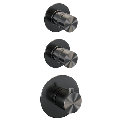 Brauer Gunmetal Edition Colonne de douche thermostatique avec pommeau 20cm et bras mural courbé 40cm et douchette Rond 3 jet flexible lisse avec coude mural Gunmetal brossé PVD